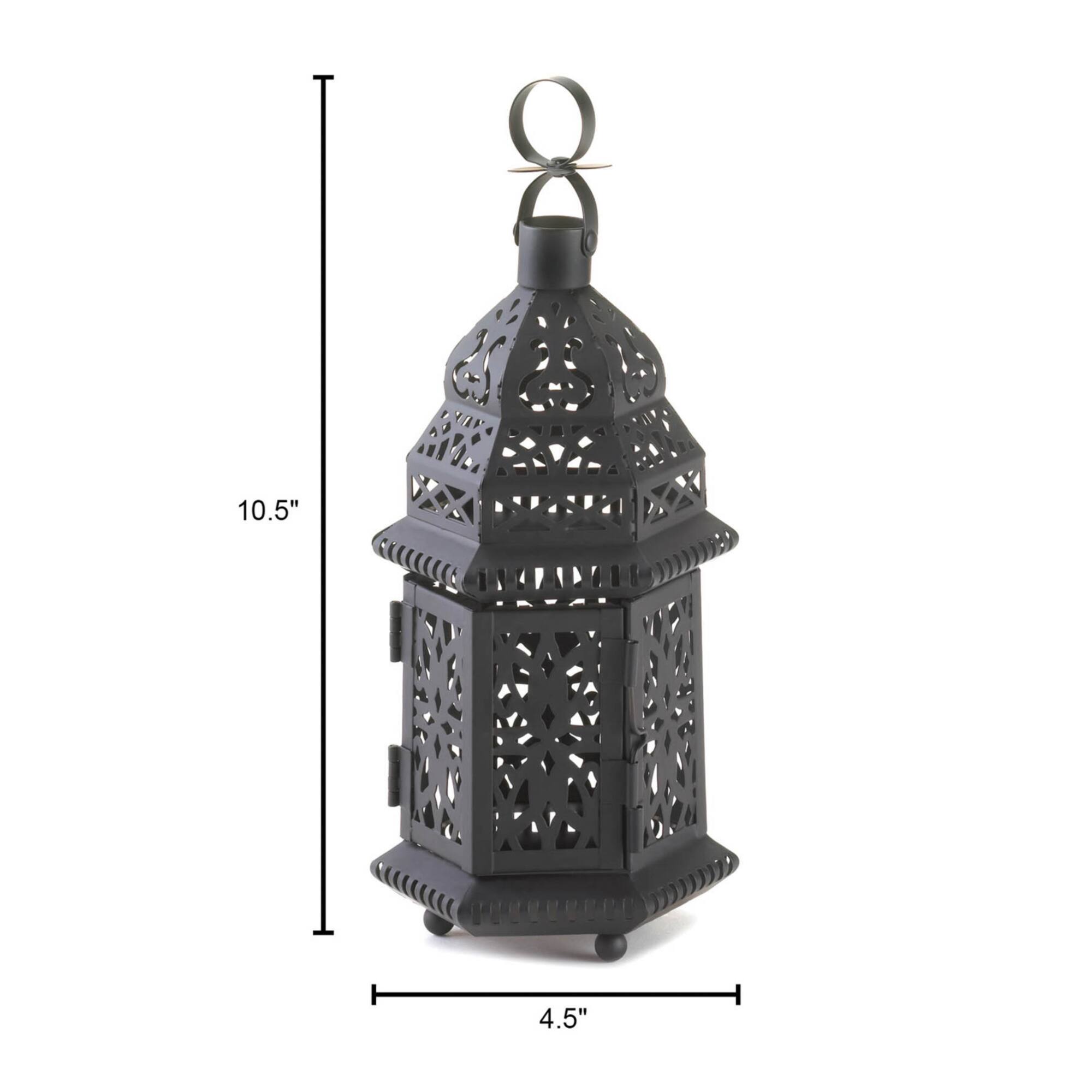10.5" Black Metal Moroccan Style Candle Lantern with Intricate Cutouts